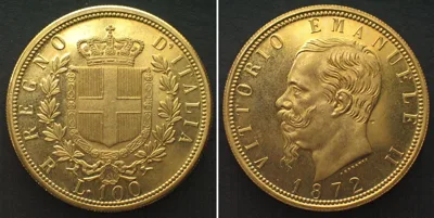1872 ITALY 100 Lire 1872 VITTORIO EMANUELE II, Reproduction, gilt Prooflike