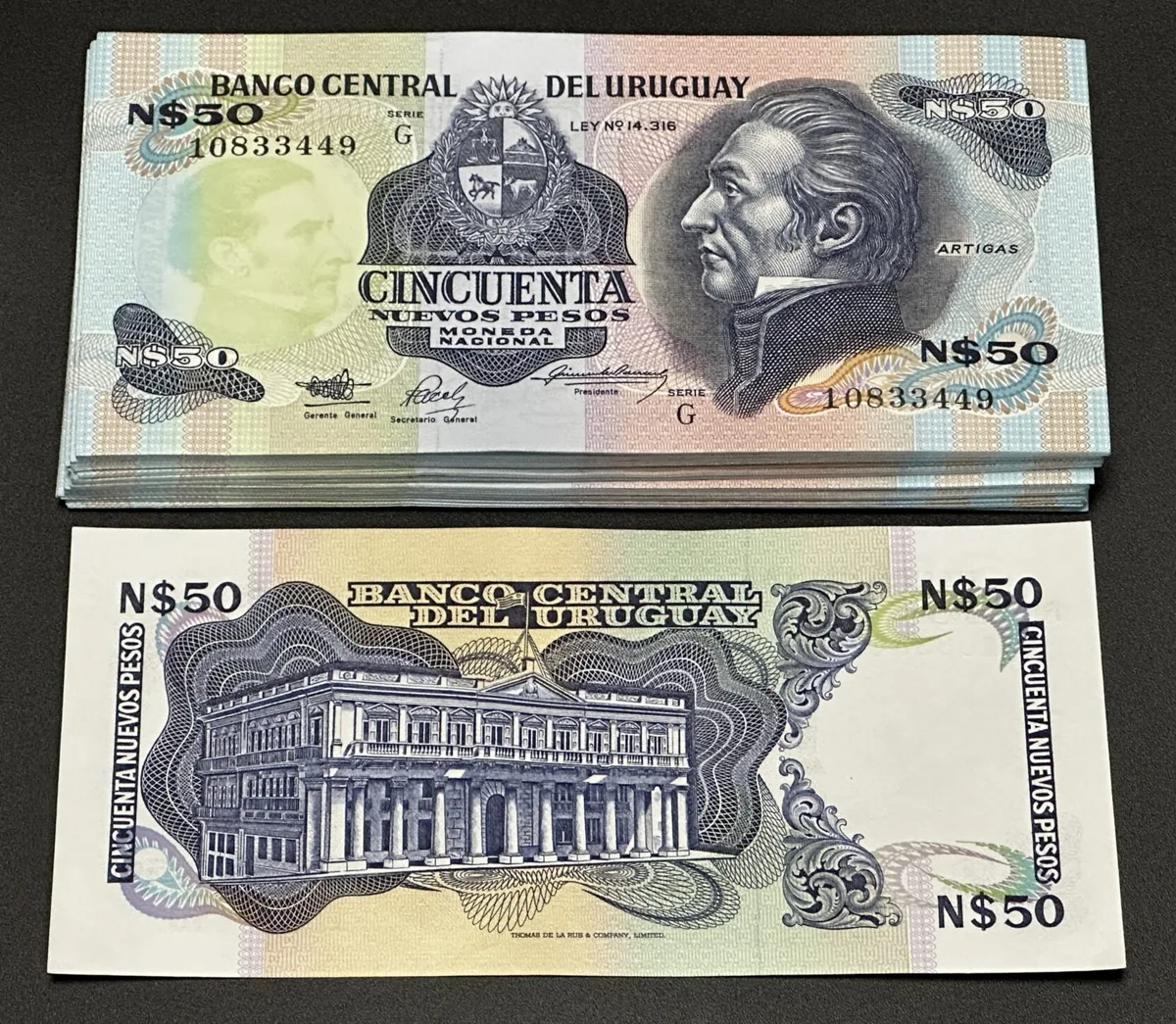 1989 URUGUAY 100 x 50 Pesos 1989 Series G, Artigas UNC, CONSECUTIVE SERIAL NUMBERS UNC