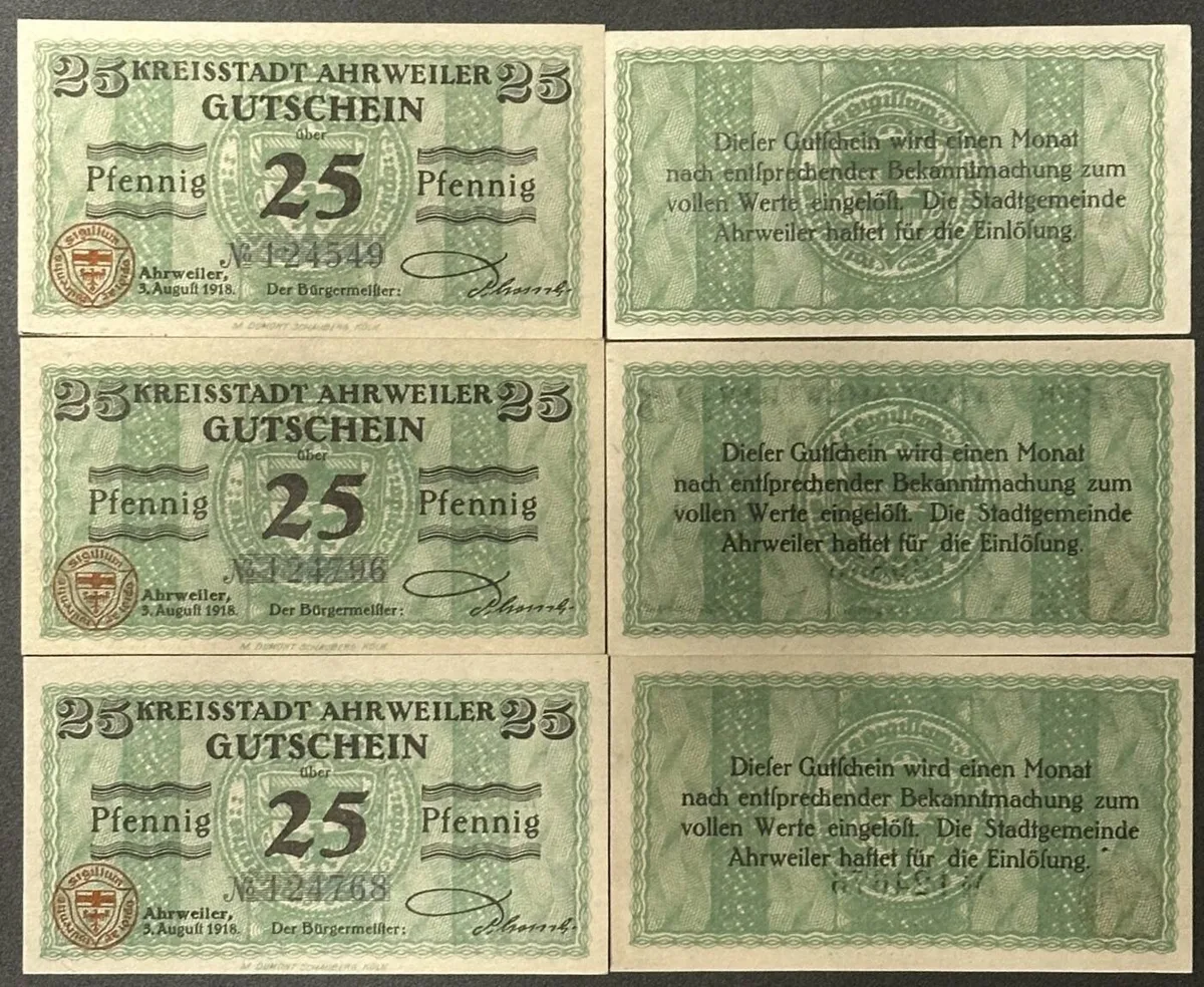 1918 GERMANY. Notgeld. AHRWEILER 6 x 25 Pfennig 1918 UNC