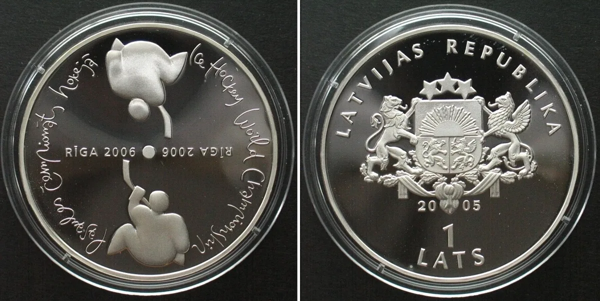 2005 LATVIA 1 Lats 2005 ICE HOCKEY WORLD CHAMPIONSHIP IN RIGA silver Proof