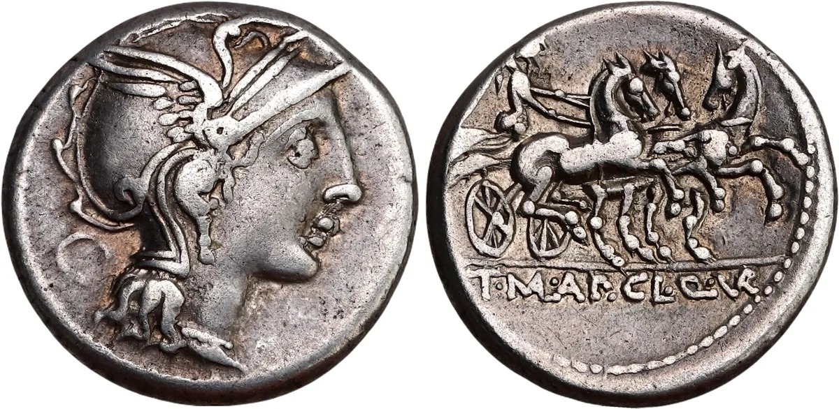 Appius Claudius Pulcher, T. Manlius Mancius, and Q. Urbinius AR Denarius. Rome, 110-111 BC.