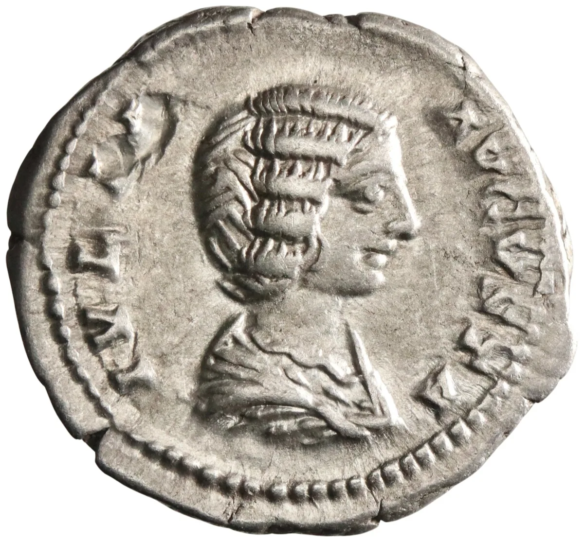 Roman: Julia Domna (193-217), silver denarius (3.36g), Rome mint, 193-217 CE. Draped bust right / Hilaritas standing left, holding long palm and sceptre.