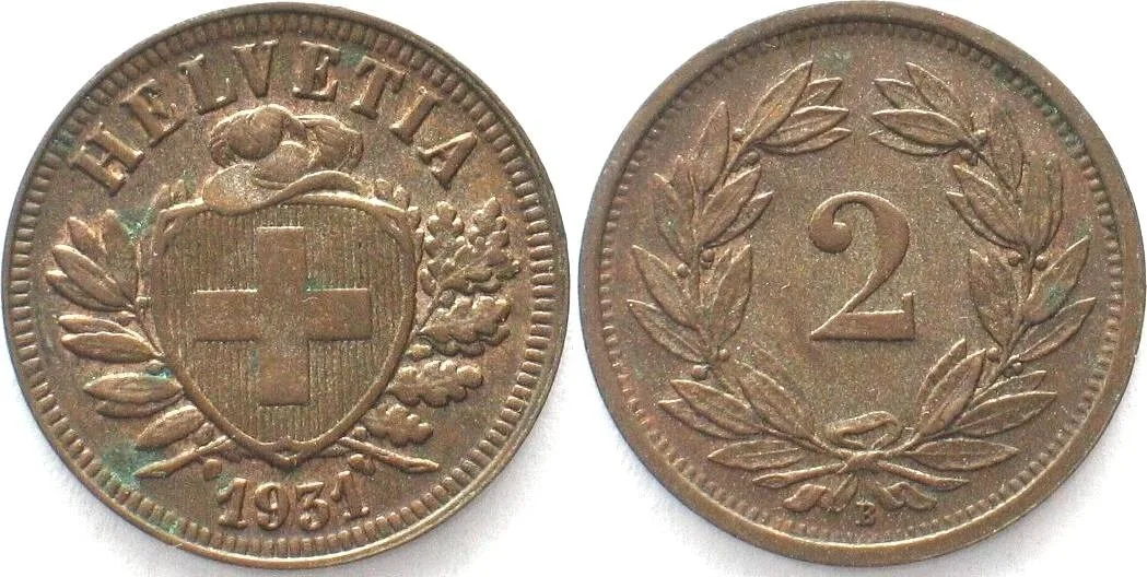 1931 SWITZERLAND 2 Rappen 1931 bronze UNC!