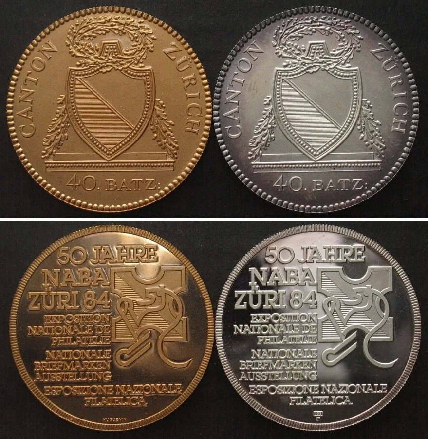 1984 NABA ZÜRI 1984, ZURICH 40 Batzen, silver & bronze by Huguenin 33mm Proof