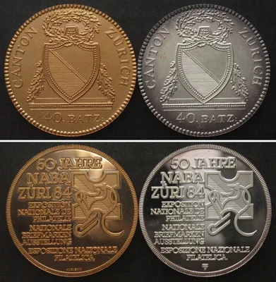 1984 NABA ZÜRI 1984, ZURICH 40 Batzen, silver & bronze by Huguenin 33mm Proof