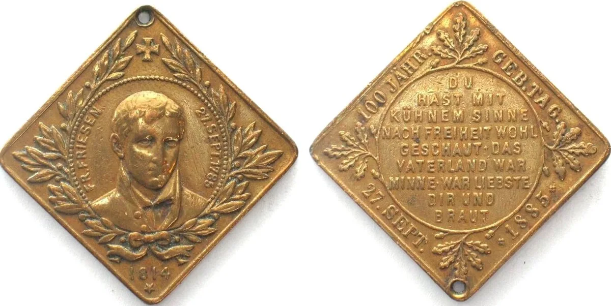 1885 FRIEDRICH FRIESEN, 100th Birthday, 1885 brass, SCARCE! VF