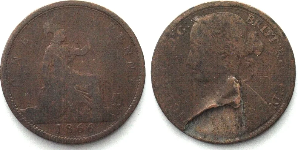 1866 GREAT BRITAIN Penny 1866, VICTORIA - LAMINATION MINT ERROR - bronze F