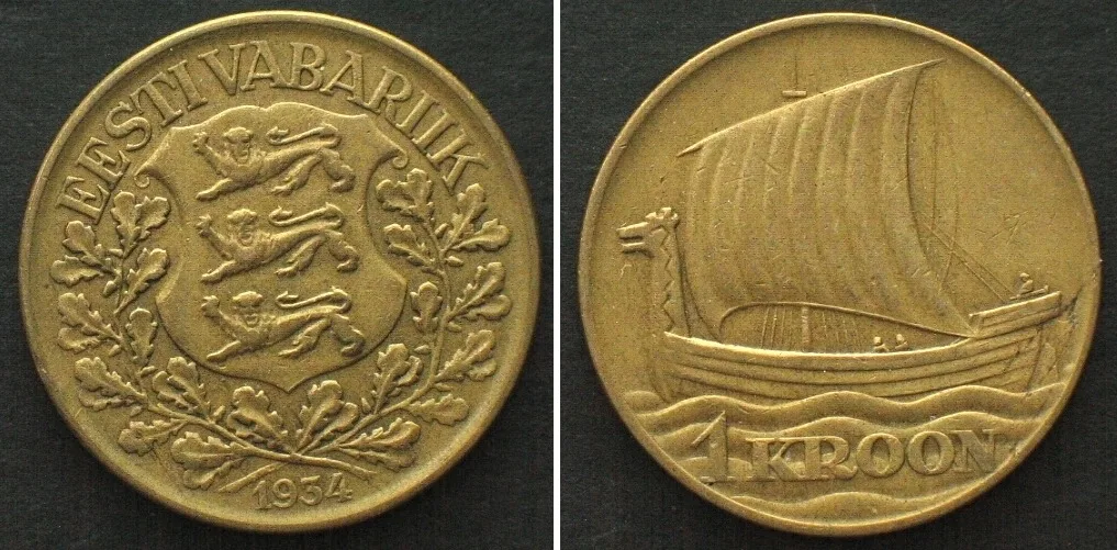 1934 ESTONIA 1 Kroon 1934, Viking ship, nickel-bronze XF EF