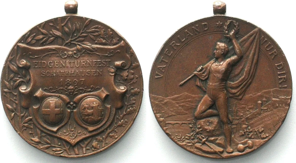 1897 SCHAFFHAUSEN 1897 FEDERAL GYMNASTIC FESTIVAL, Medal bronze 35mm XF EF