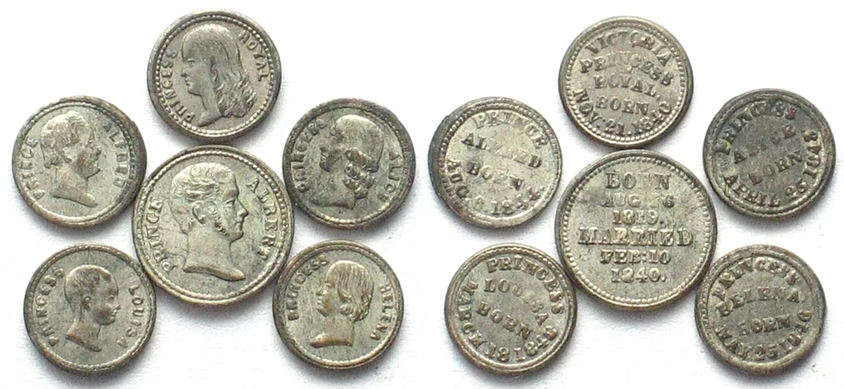 1848-1865 ROYAL FAMILY. Set of 6 small medals 1848-1865 by Joseph Moore, white metal, rare UNC-
