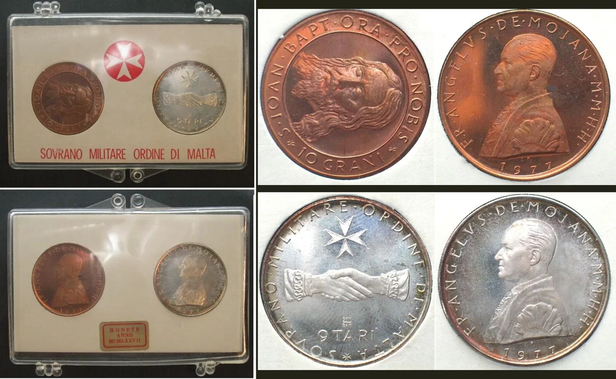 1977 ORDER OF MALTA 1977 Set 10 Grani bronze, 9 Tari silver ANGELO DE MOJANA Proof