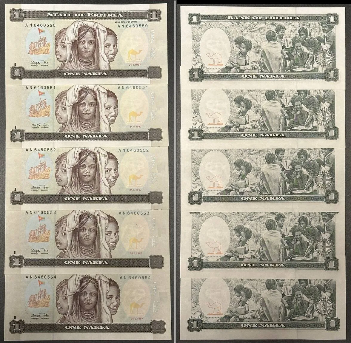 1997 ERITREA 5 x 1 Nakfa 24.5.1997, UNC, consecutive numbers! UNC