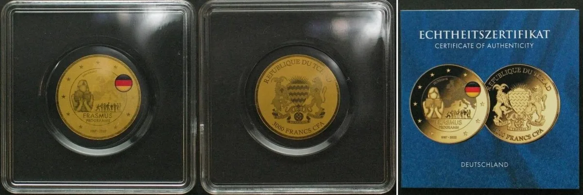 2022 CHAD 3000 Francs 2022 ERASMUS IN GERMANY Gold 1/500 oz BU