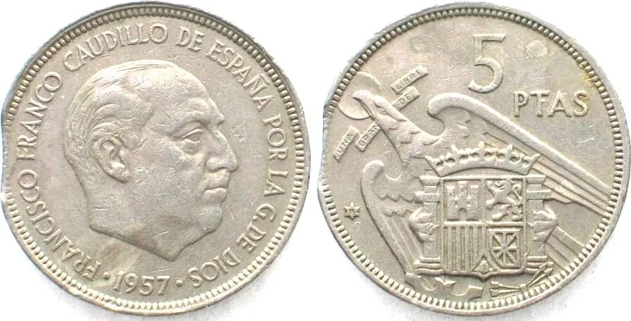 1975 SPAIN 5 Pesetas 1957(75) - ERROR clipped flan - FRANCO Cu-Ni aXF EF-