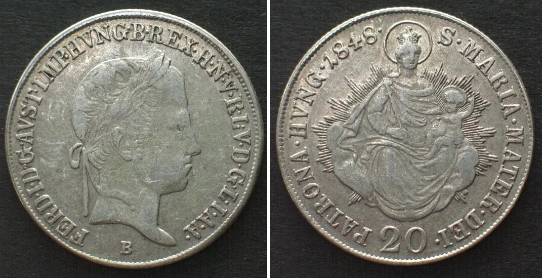 1848 HUNGARY 20 Krajczar 1848 B FERDINAND I silver, MULE, RARE! XF EF
