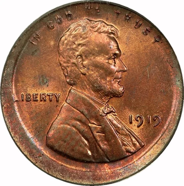Lincoln Cent, 1919, Uncentered Broadstrike, 1¢, MS63 RB, PCGS