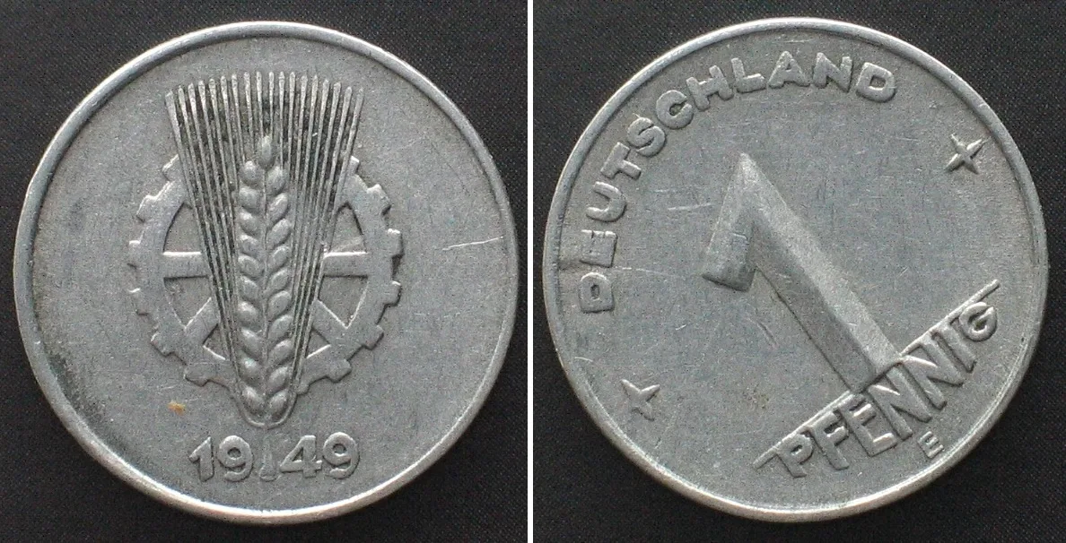 1949 GERMAN DEMOCRATIC REPUBLIC 1 Pfennig 1949 E Alu DIE ROTATION MINT ERROR VF-EF