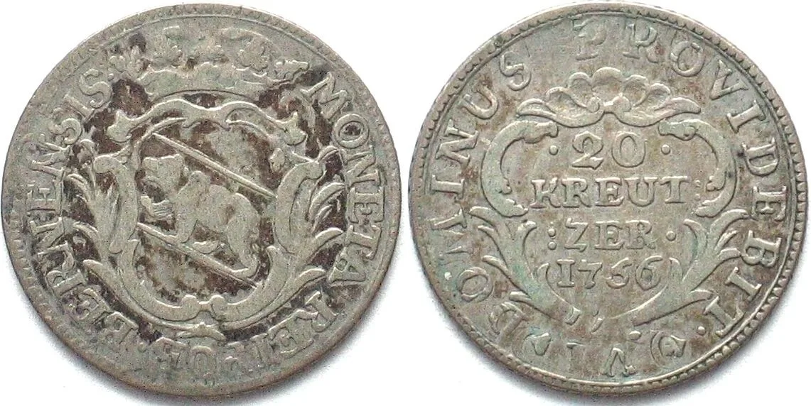 1756 Swiss BERN 20 Kreuzer 1756 silver VF/VF+ SCARCE YEAR! VF/VF+