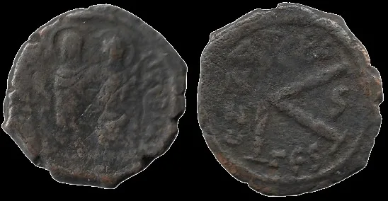 Justin II & Sophia (Year 6) 571-572 AD. AE 19.1mm 5gm Half Follis Thessalonica mint.