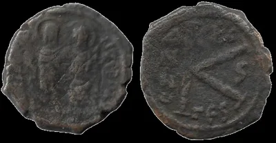 Justin II & Sophia (Year 6) 571-572 AD. AE 19.1mm 5gm Half Follis Thessalonica mint.