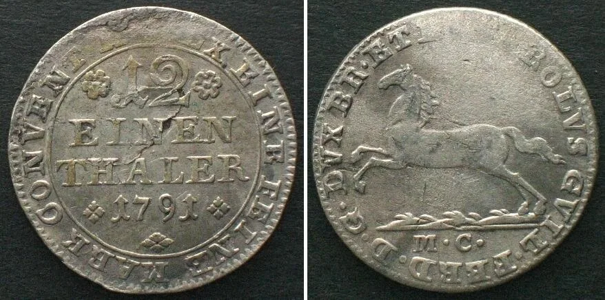 1791 BRUNSWICK-WOLFENBUTTEL 1/12 Thaler 1791 MC, KARL WILHELM FERDINAND silver AU