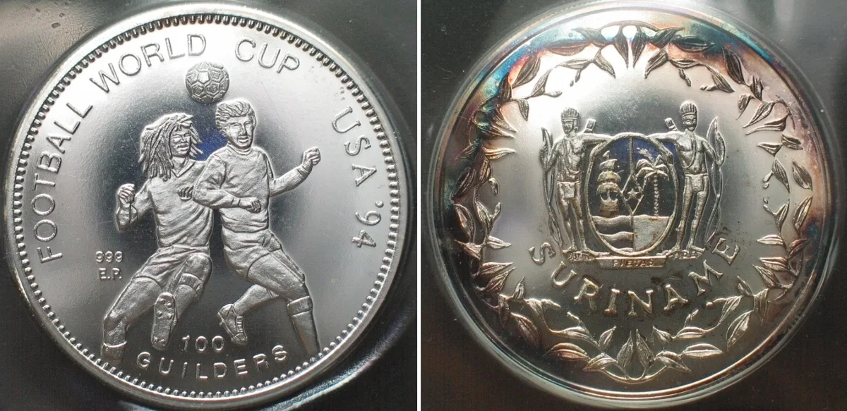 1994 SURINAME 100 Guilders 1994 SOCCER E.P. at left brass silvered Cameo Proof SCARCE Proof