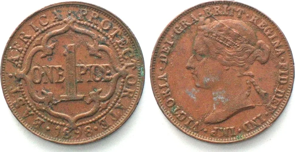 1898 EAST AFRICA PROTECTORATE 1 Pice 1898 VICTORIA bronze AU!