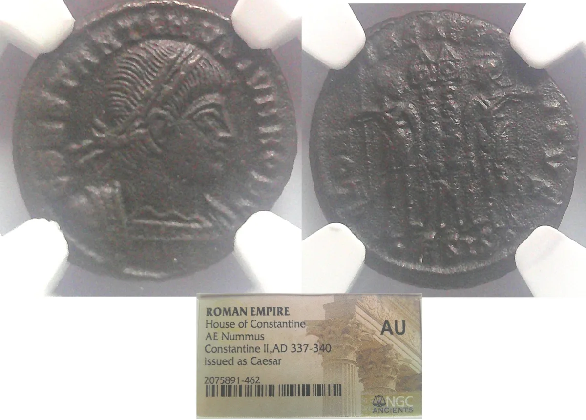 ROMAN EMPIRE House of Constantine AE Nummus Constantine II, Perfectly Centered NGC AU,