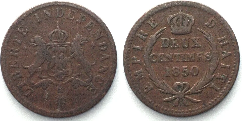 1850 HAITI 2 Centimes 1850 FAUSTIN I copper VF