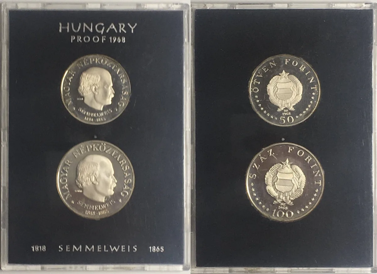 1968 HUNGARY. 1968 Official Proof Set 50 & 100 Forint 1968 SEMMELWEIS silver Proof