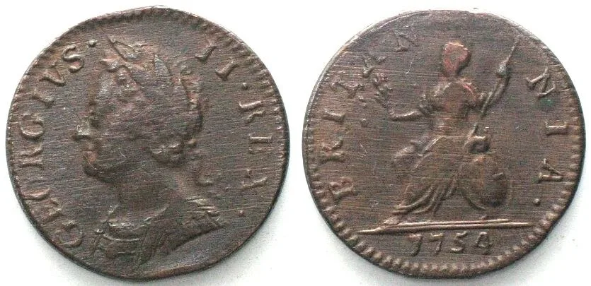 1754 GREAT BRITAIN. Farthing 1754, GEORGE II, copper aXF! EF-