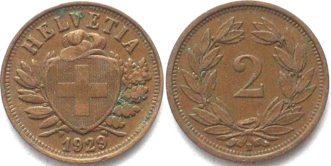 1929 SWITZERLAND 2 Rappen 1929 bronze XF! EF