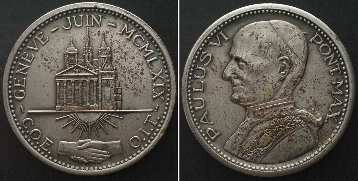 1969 PAUL VI Papal Visit in Geneva 1969, silvered bronze 47mm UNC-