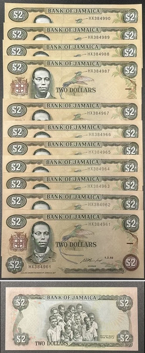 1993 JAMAICA 11 x 2 Dollars 1.2.1993, UNC, partially consecutive numbers! UNC