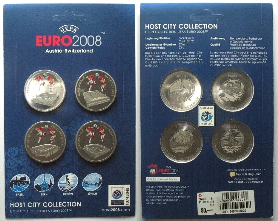2008 UEFA EURO 2008 HOST CITY COLLECTION 4 x 10 Francs 2008 BS, BE, GE, ZH Prooflike
