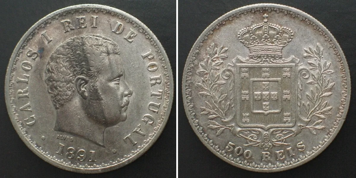 1891 PORTUGAL 500 Reis 1891 CARLOS I silver AU!