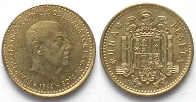 1972 SPAIN 1 Peseta 1966 (72) FRANCO Al-Br OFF CENTER ERROR! UNC-