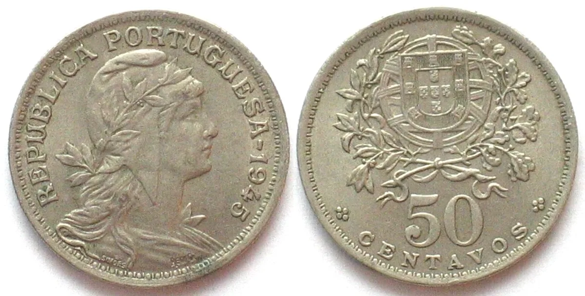 1945 PORTUGAL 50 Centavos 1945 Cu-Ni UNC-!