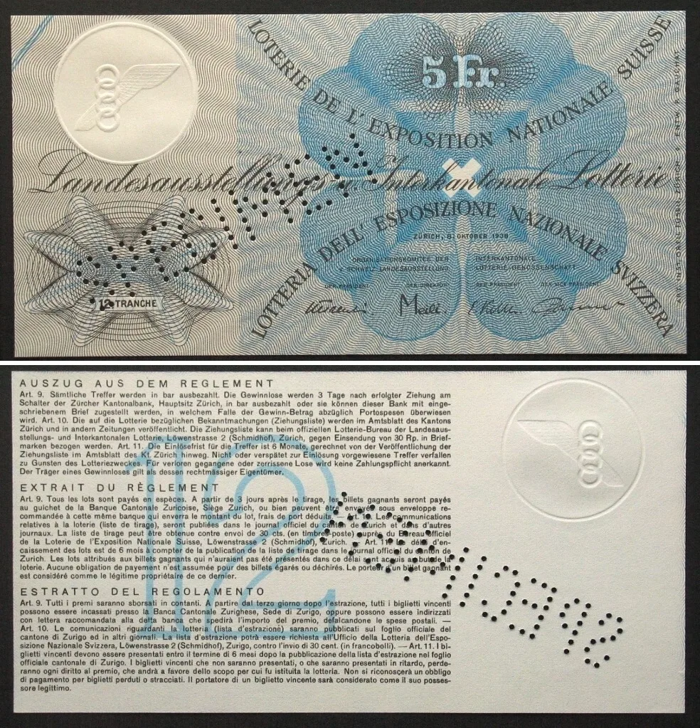 1938 Swisslos INTERKANTONALE LANDES-LOTTERIE - SPECIMEN 5 Francs 1938 RARE! UNC