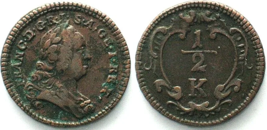 1760 AUSTRIA 1/2 Kreuzer ND (1760), FRANZ I, copper XF! EF