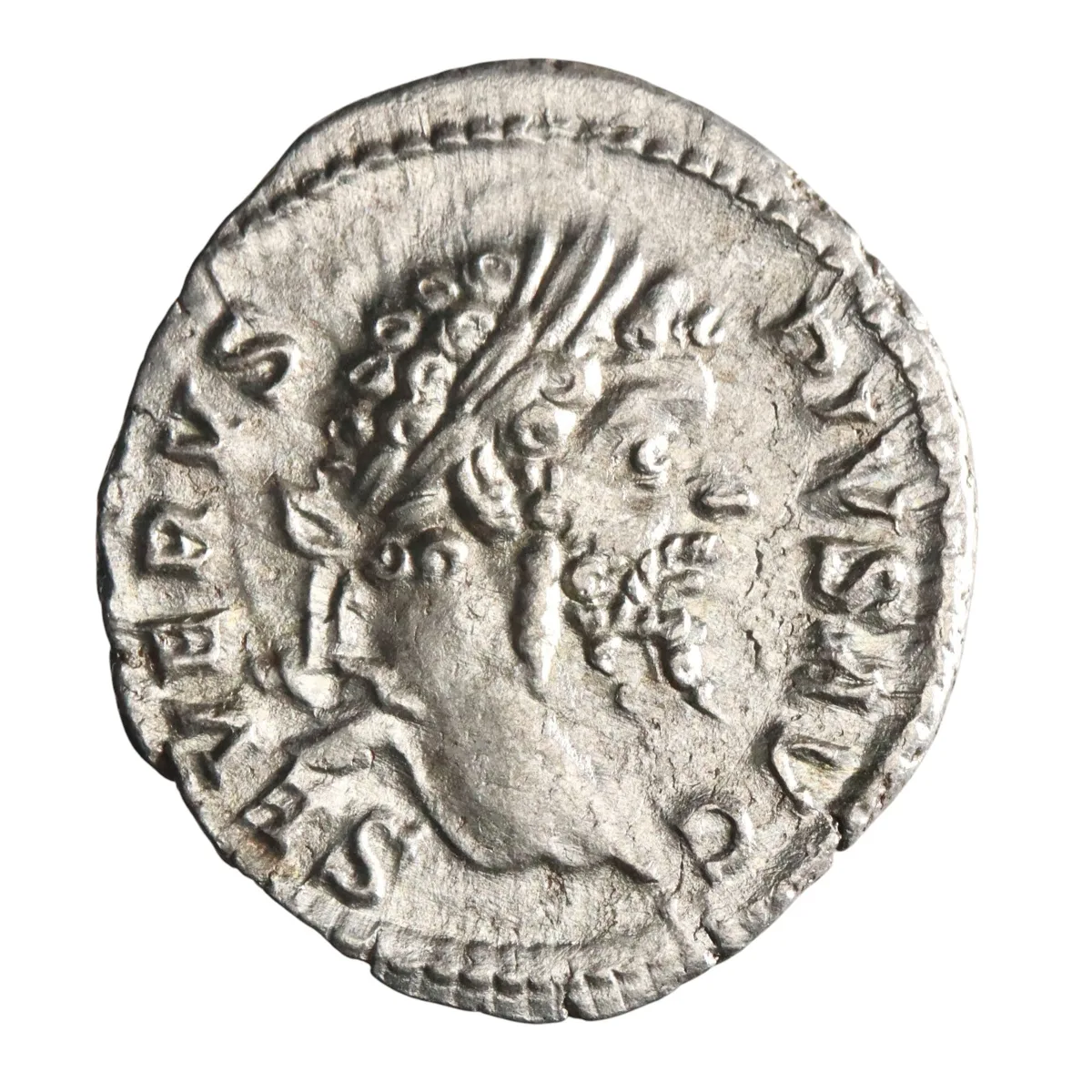 Roman: Septimius Severus (193-211), silver denarius (3.17g), Rome mint, 207 CE. Laureate head / Emperor Septimius, veiled, standing, sacrificing from patera over altar.
