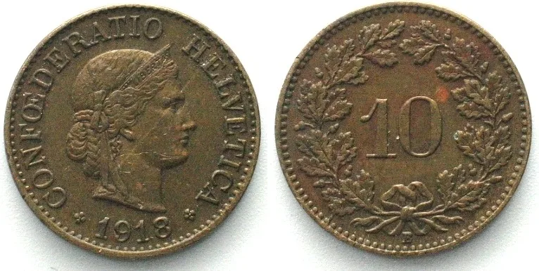 1918 SWITZERLAND 10 Rappen 1918 brass XF! EF