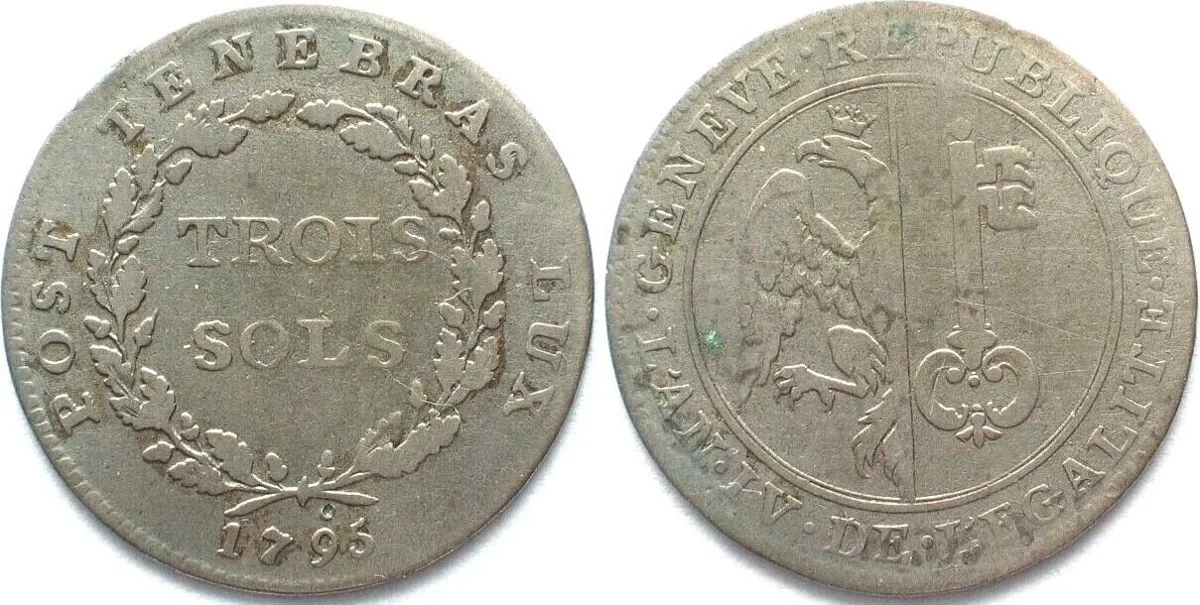 1795 Swiss Cantons GENEVA 3 Sols 1795 w/o * near date, billon RARE VARIETY!!! VF