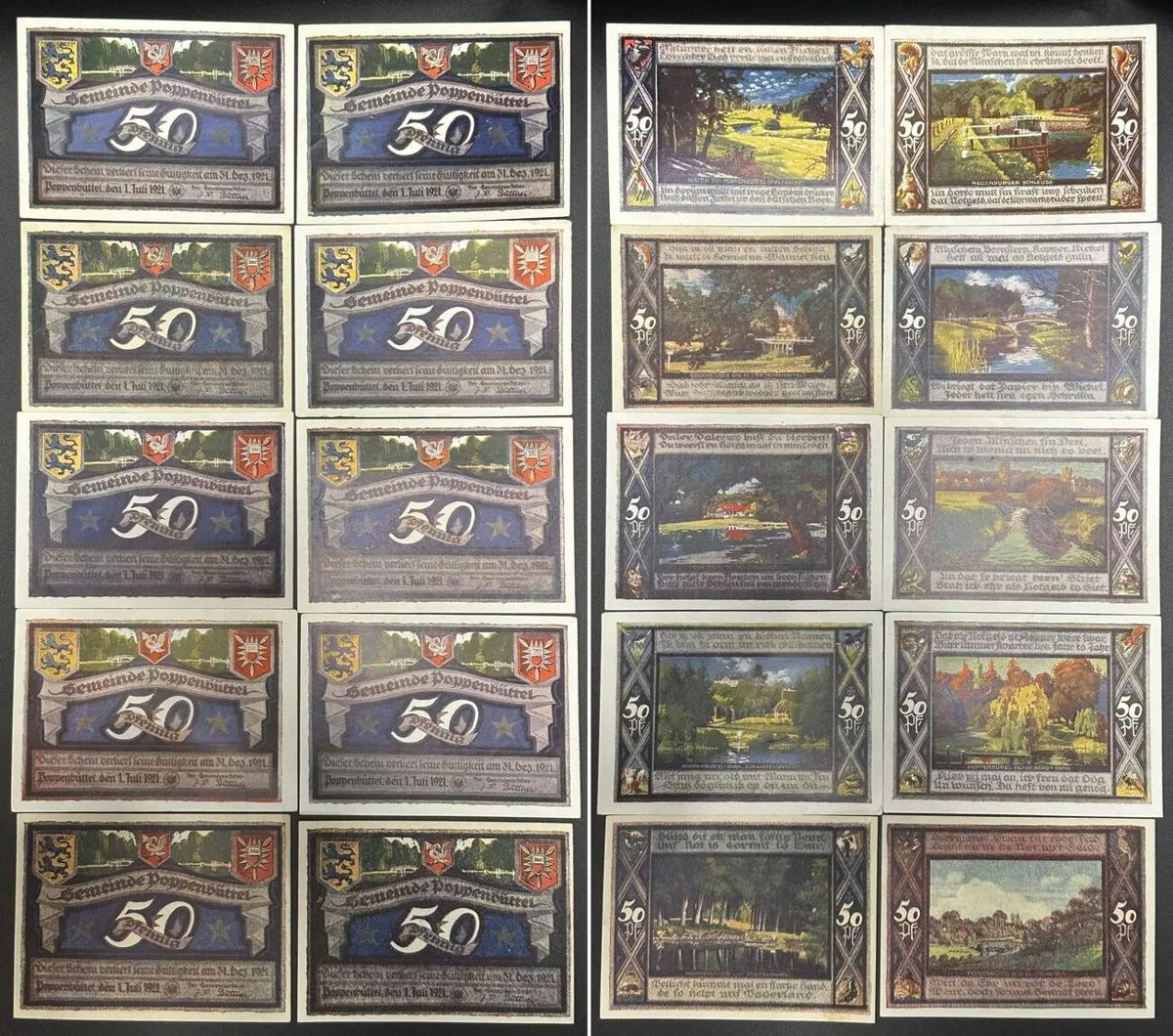 1922 GERMANY. Notgeld. POPPENBÜTTEL Complete set 10 x 50 Pfennig 1922 UNC-