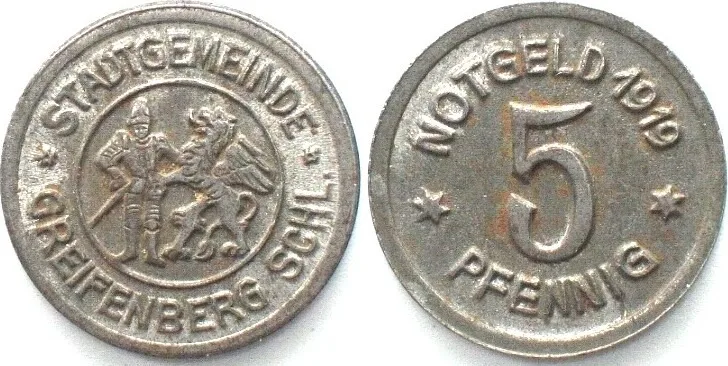 1919 Germany GREIFFENBERG (Silesia) 5 Pfennig 1919 iron, mint error GREIFENBERG, RARE UNC