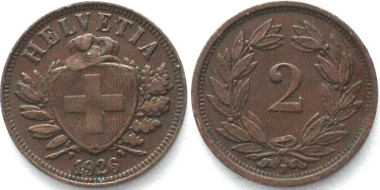 1926 SWITZERLAND 2 Rappen 1926 Bronze SCARCE YEAR! VF-EF