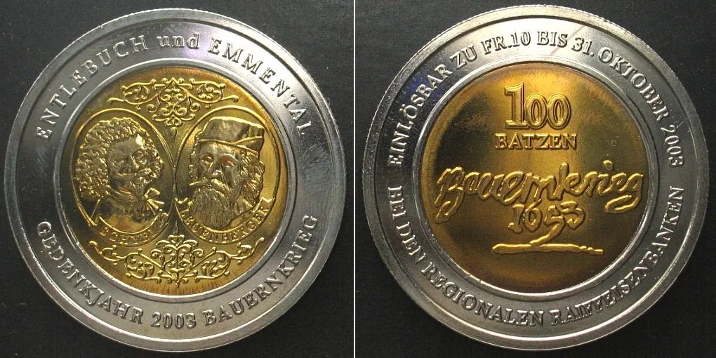 2003 Swiss ENTLEBUCH & EMMENTAL 10 Francs (100 Batzen) 2003 bi-mettalic local issue UNC