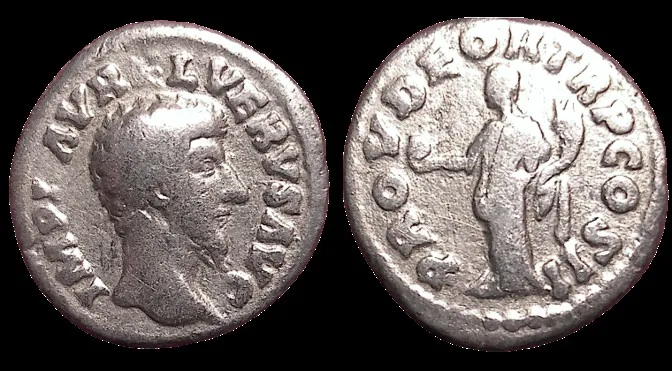 LUCIUS VERUS 161-169 AD, AR 16mm, 2.5gm Denarius. Providentia standing, holding globe & cornucopia