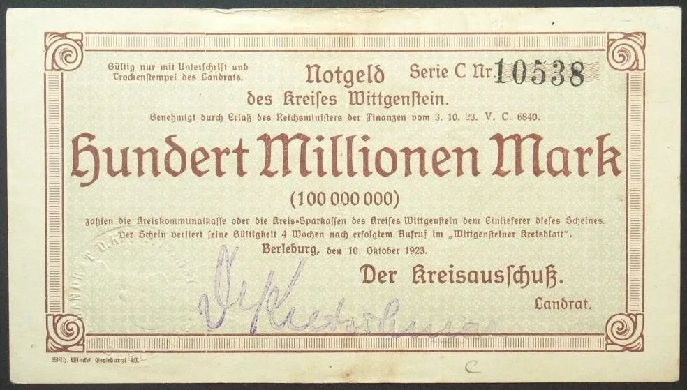 1923 GERMANY. Notgeld. Kreis Wittgenstein, 100 Mio Mark 10.10.1923, XF, rare! AU