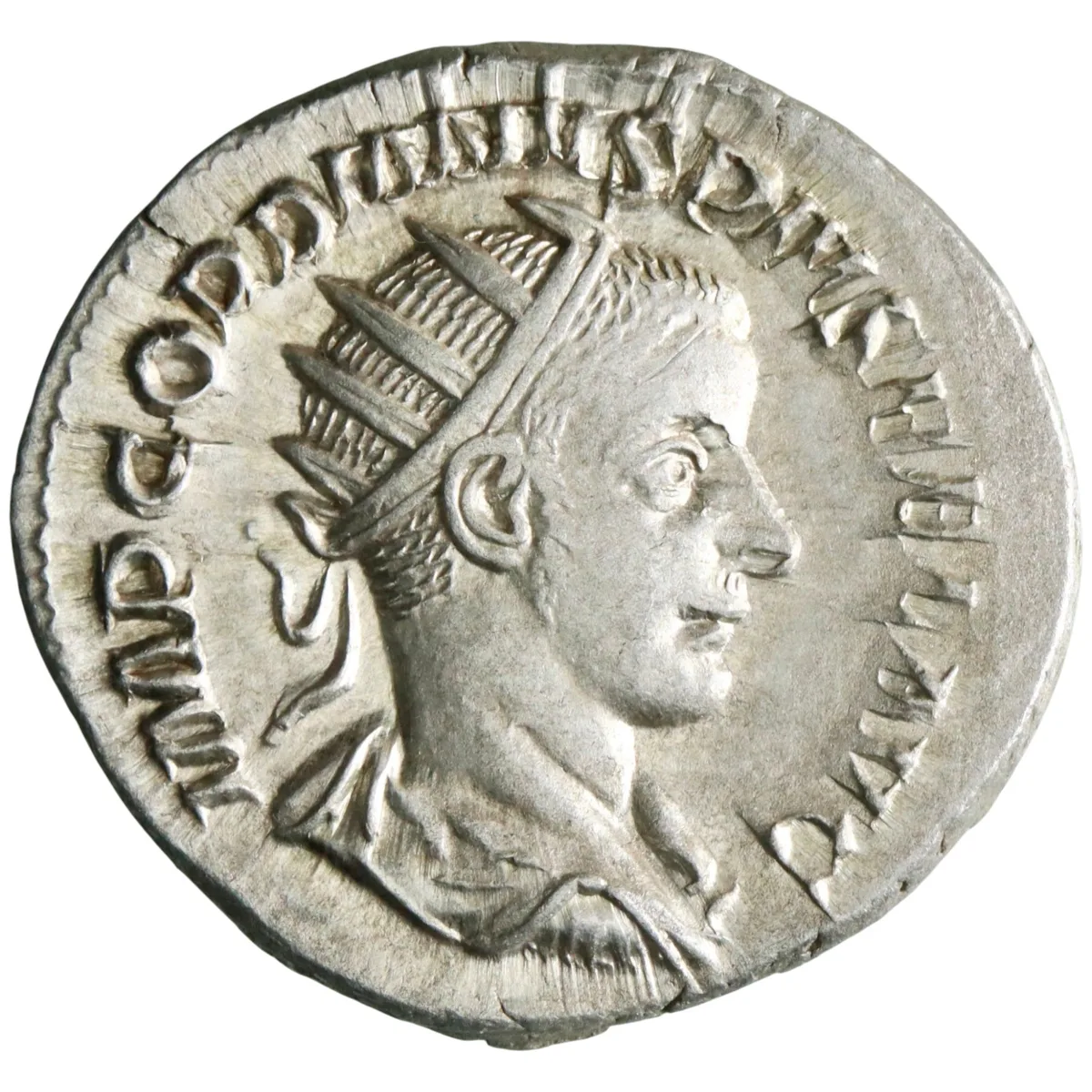 Roman: Gordian III (238-244), silver antoninianus (4.11g), Rome mint, 238-244 CE. Jupiter standing front, looking right holding sceptre and thunderbolt.